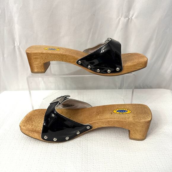 Dr Scholls Sandals Womens 8 M Black Leather Wooden Exercise Clog Slide Brazil - Picture 10 of 11